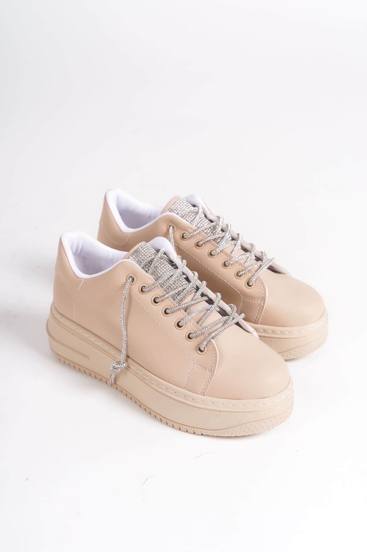 DELLA Bağcıklı Ortopedik Taban Taşlı Kadın Sneaker Spor Ayakkabı CTT - Ten