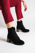 DIANA Bağcıklı Fermuarlı Ortopedik Taban Topuklu Süet Kadın Bot SST - Siyah