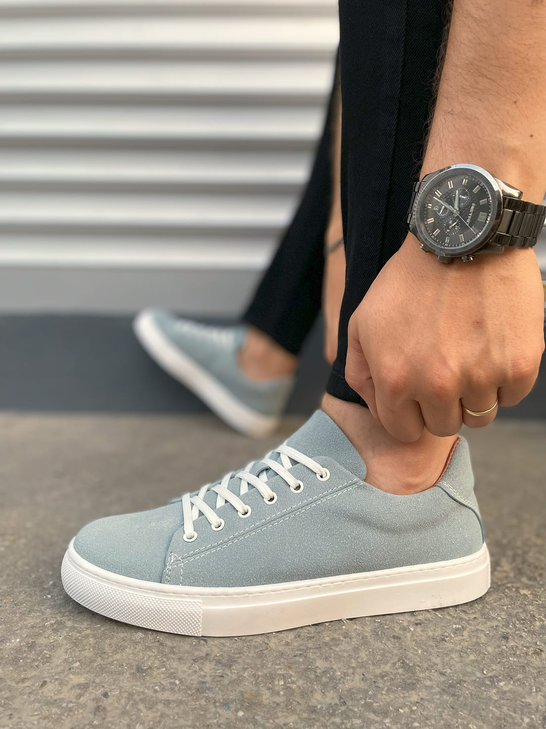 JY122 Mode Bağcıklı Süet Erkek Günlük Sneaker Ayakkabı SBT - Mavi