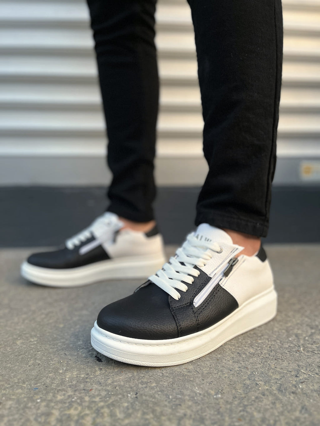 JY155 Warrior Bağcıklı ve Fermuarlı Cilt Erkek Günlük Sneaker Ayakkabı CBT - Beyaz/Siyah