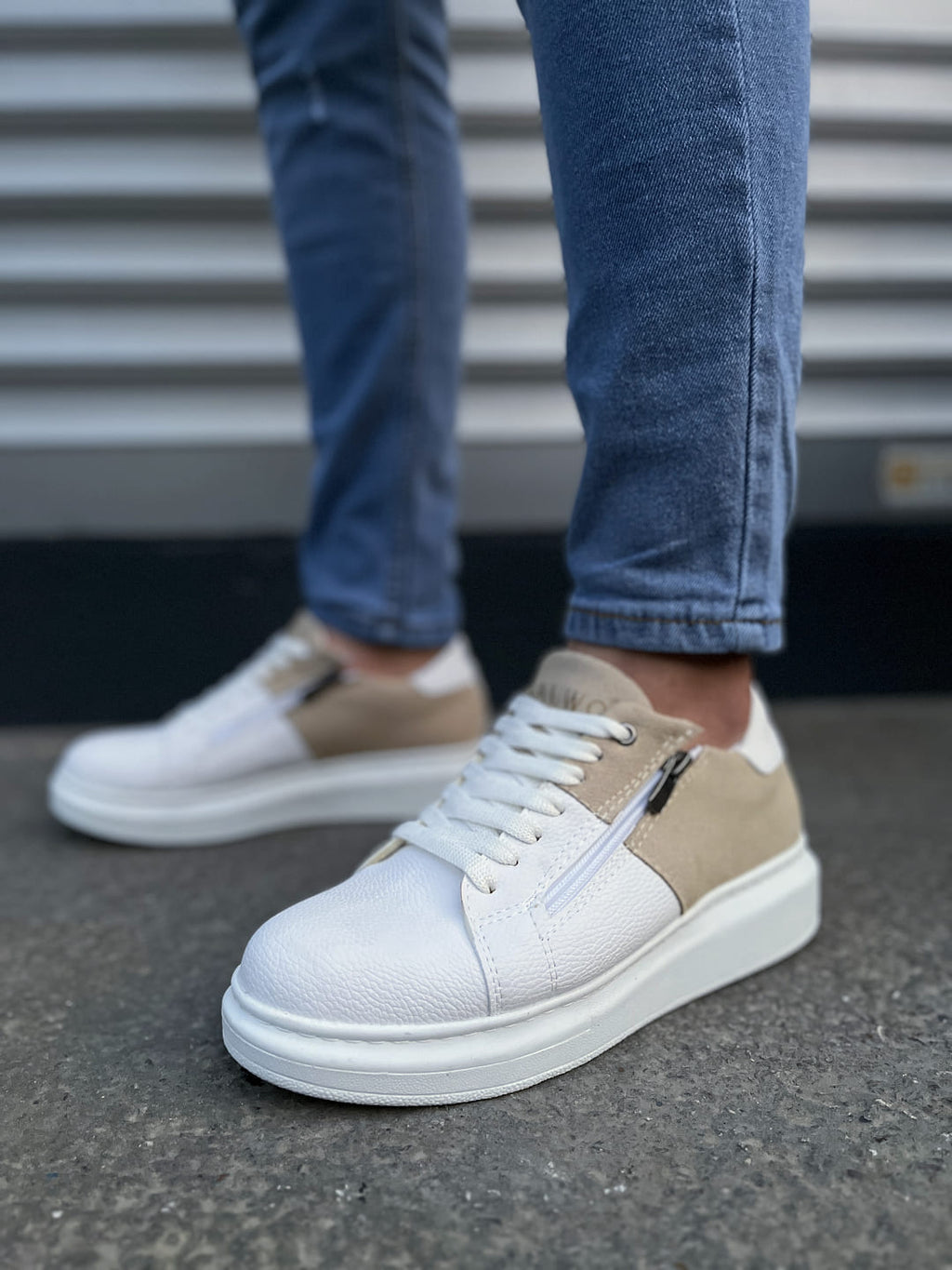 JY155 Warrior Bağcıklı ve Fermuarlı Cilt Süet Erkek Günlük Sneaker Ayakkabı CSBT - Beyaz/Krem