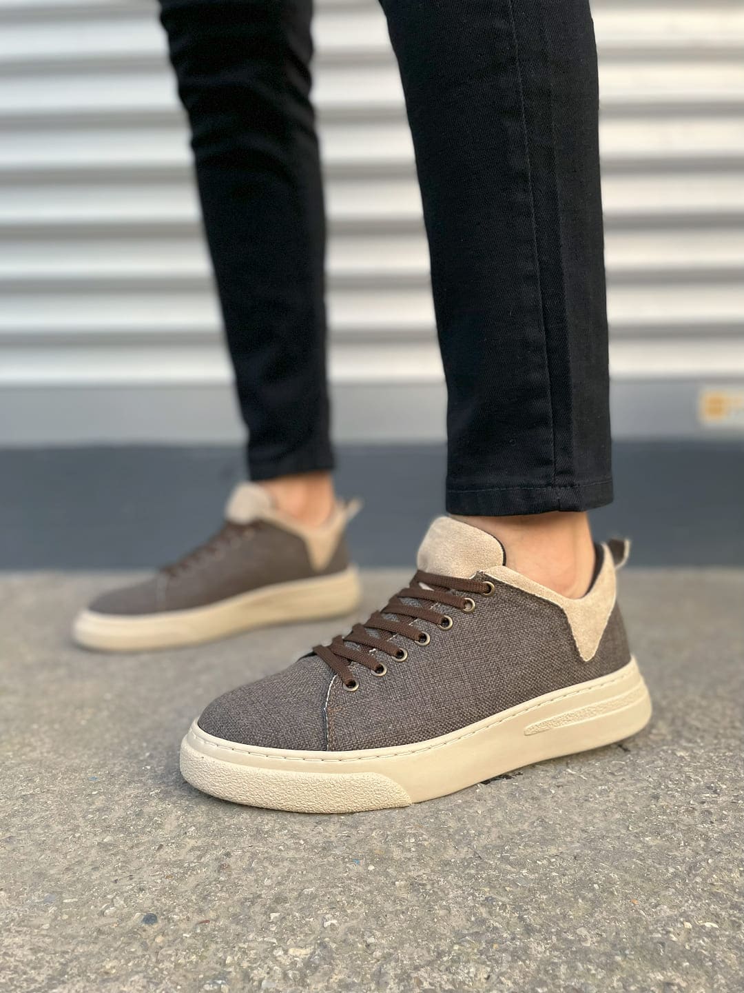 JY204 Flex Bağcıklı Keten Kumaş Erkek Günlük Sneaker Ayakkabı KKT - Kahverengi/Krem