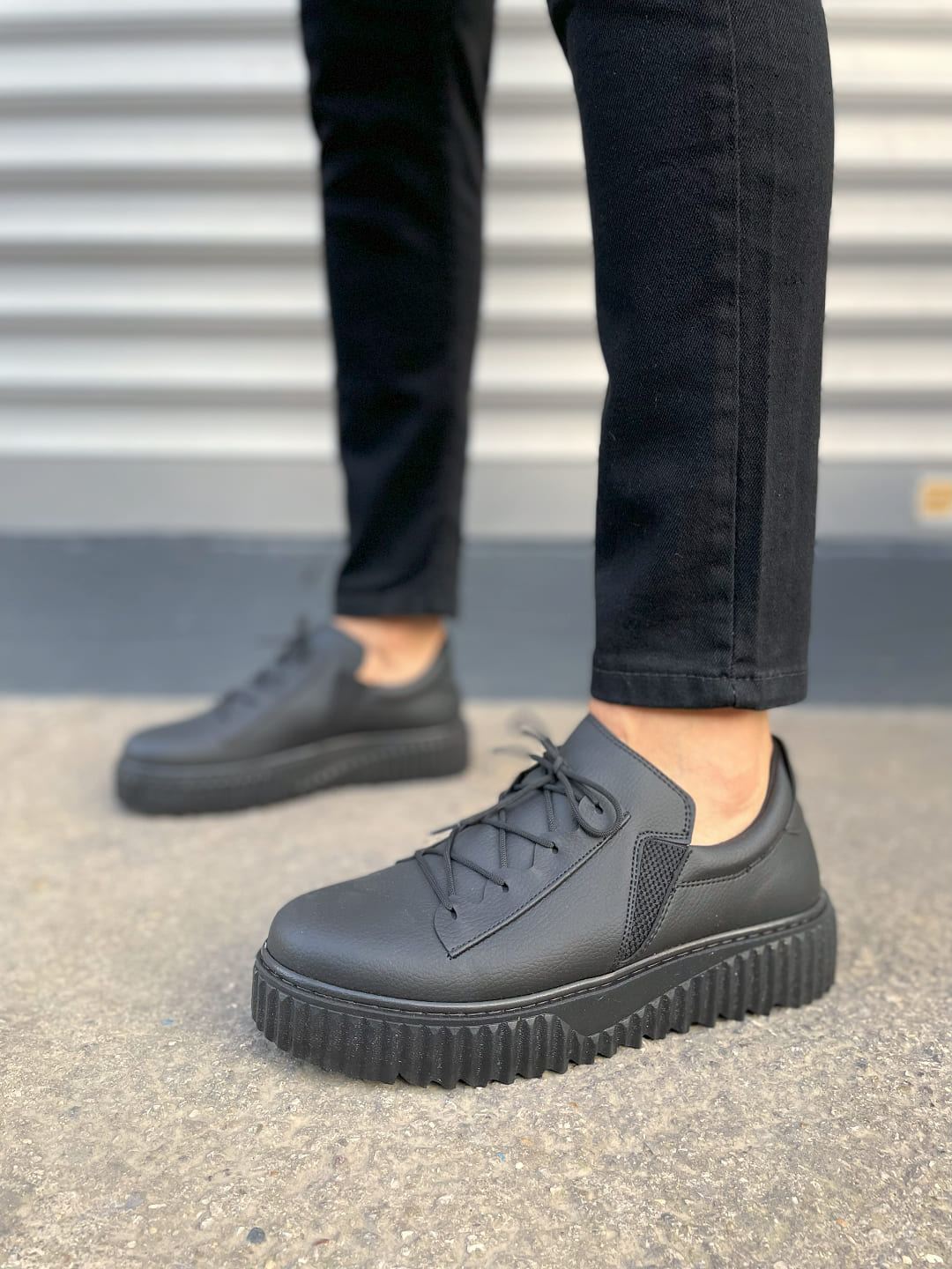 JY502 Bold Bağcıklı Cilt Erkek Günlük Sneaker Ayakkabı CST - Siyah