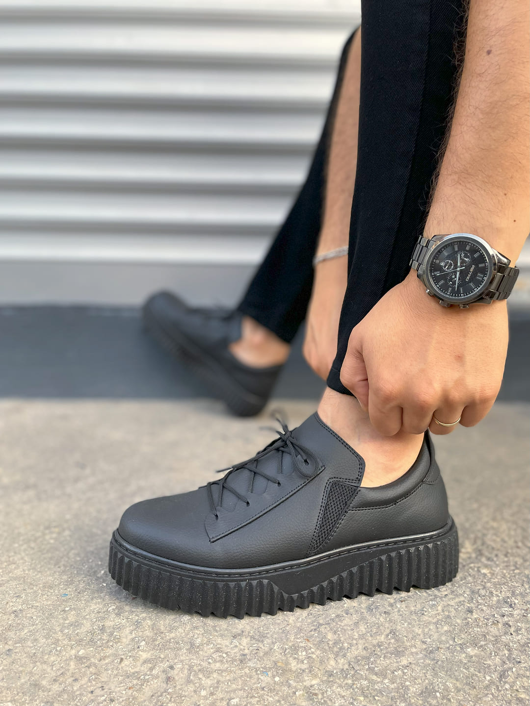 JY502 Bold Bağcıklı Cilt Erkek Günlük Sneaker Ayakkabı CST - Siyah