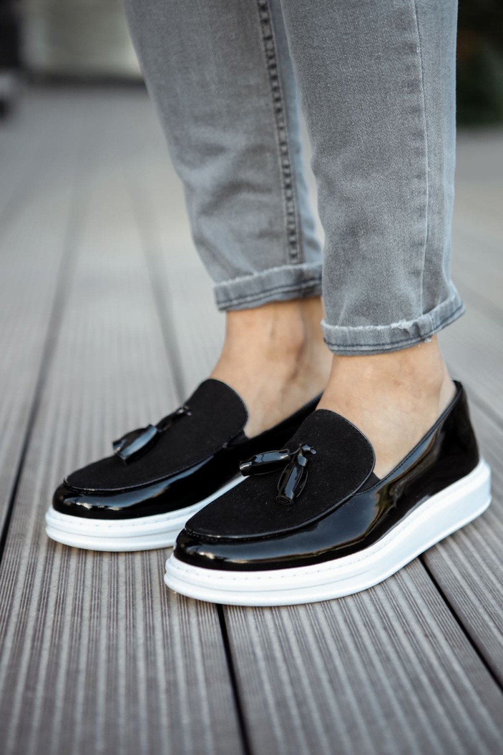 CH002 Loafer Verniciata Erkek Günlük Bağcıksız Corcik Rugan Süet Klasik Ayakkabı RSBT - Siyah
