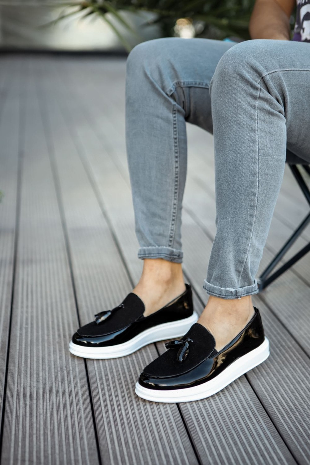 CH002 Loafer Verniciata Erkek Günlük Bağcıksız Corcik Rugan Süet Klasik Ayakkabı RSBT - Siyah