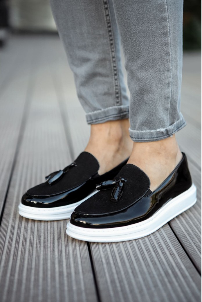 CH002 Loafer Verniciata Erkek Günlük Bağcıksız Corcik Rugan Süet Klasik Ayakkabı RSBT - Siyah