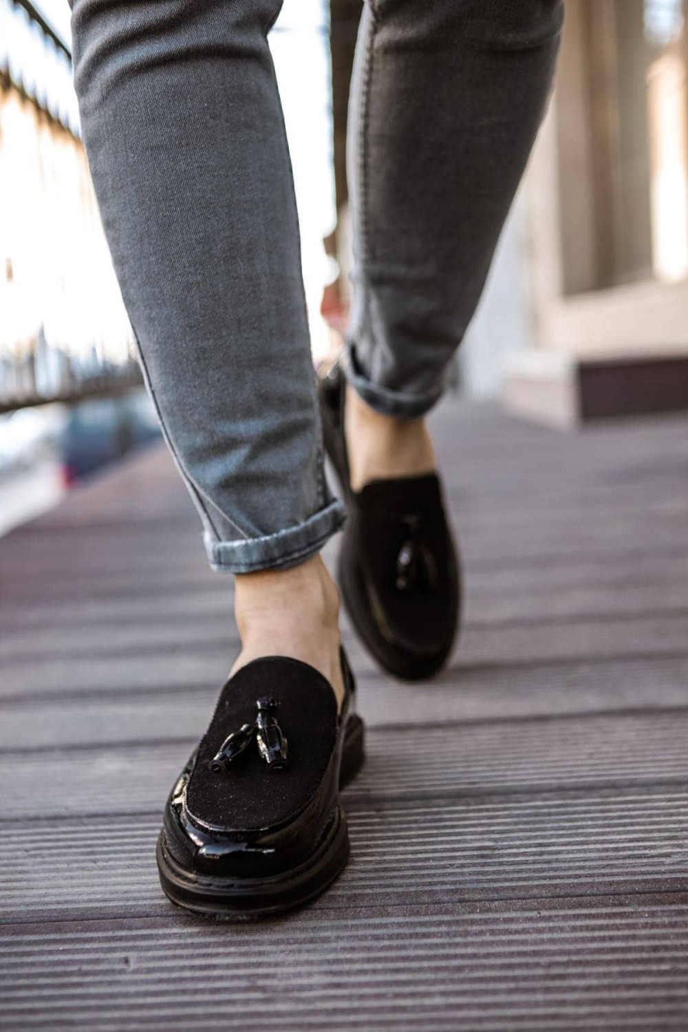 CH002 Loafer Verniciata Erkek Günlük Bağcıksız Corcik Rugan Süet Klasik Ayakkabı RSST - Siyah