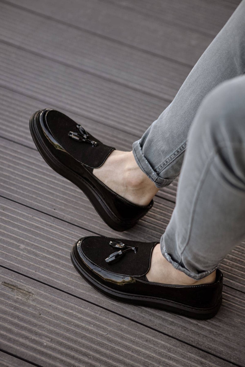 CH002 Loafer Verniciata Erkek Günlük Bağcıksız Corcik Rugan Süet Klasik Ayakkabı RSST - Siyah