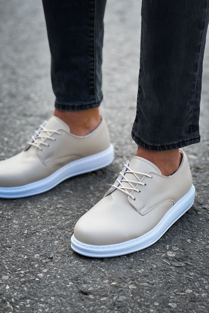 CH003 Pelle Classica Erkek Günlük Bağcıklı Cilt Klasik Ayakkabı CBT - Krem