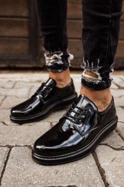 CH003 Pelle Verniciata Classica Erkek Günlük Bağcıklı Rugan Klasik Ayakkabı RST - Siyah