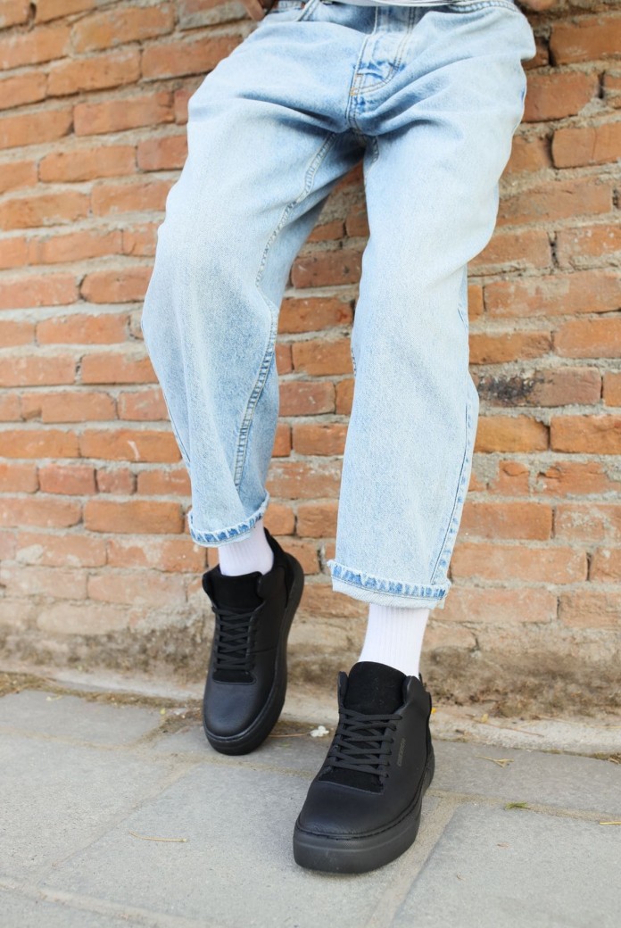 CH004 Hide Erkek Günlük Bağcıklı Cilt Spor Sneaker Ayakkabı CST - Siyah