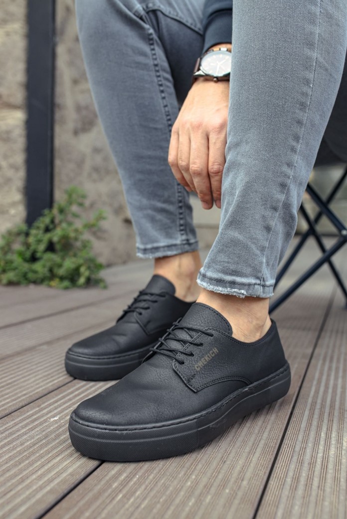 CH005 Pıttı Erkek Günlük Bağcıklı Cilt Klasik Ayakkabı CST - Siyah