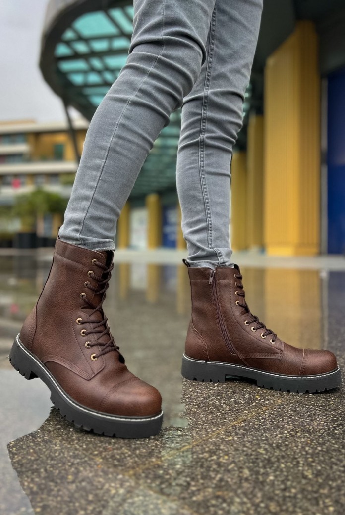 CH009 Military Erkek Spor Günlük Bağcıklı ve Fermuarlı Cilt Bot CST - Kahverengi