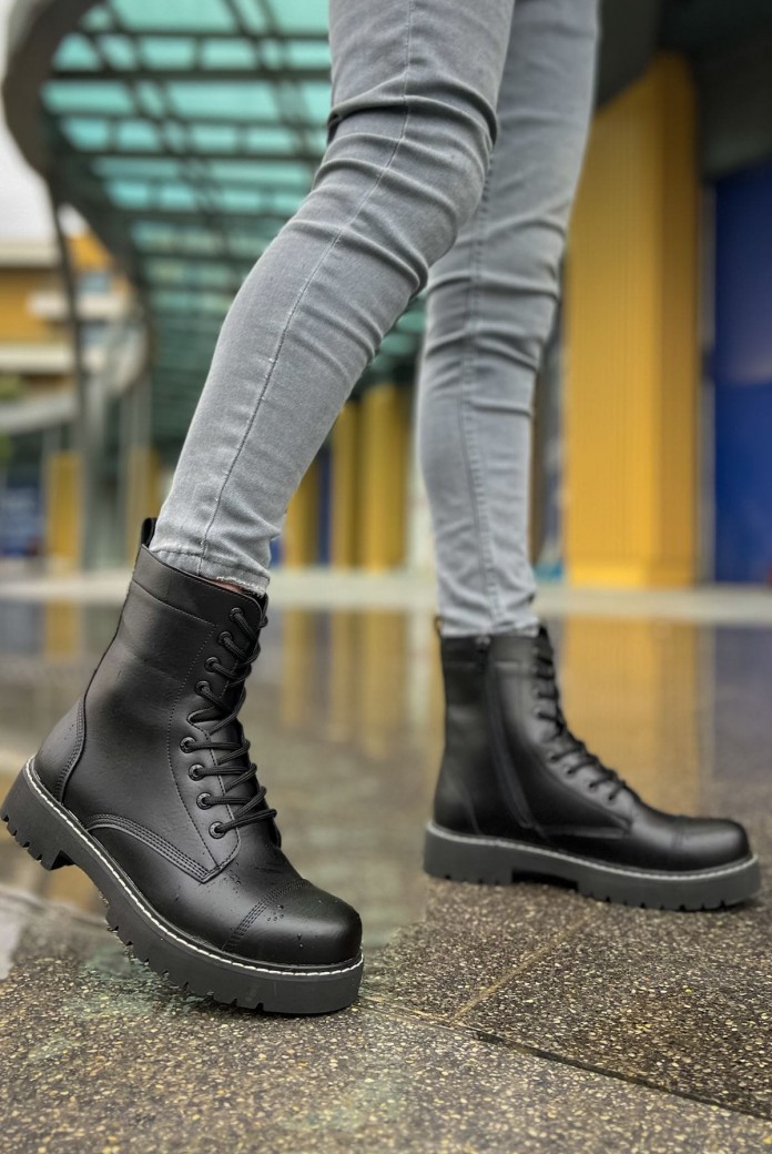 CH009 Military Erkek Spor Günlük Bağcıklı ve Fermuarlı Cilt Bot CST - Parlak Siyah