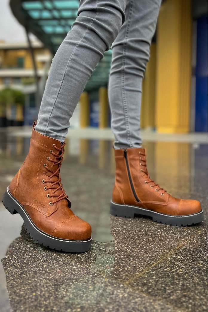 CH009 Military Erkek Spor Günlük Bağcıklı ve Fermuarlı Cilt Bot CST - Taba