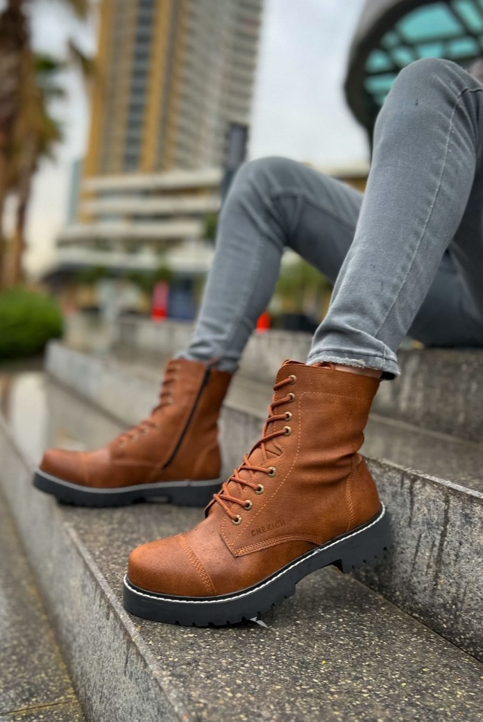CH009 Military Erkek Spor Günlük Bağcıklı ve Fermuarlı Cilt Bot CST - Taba
