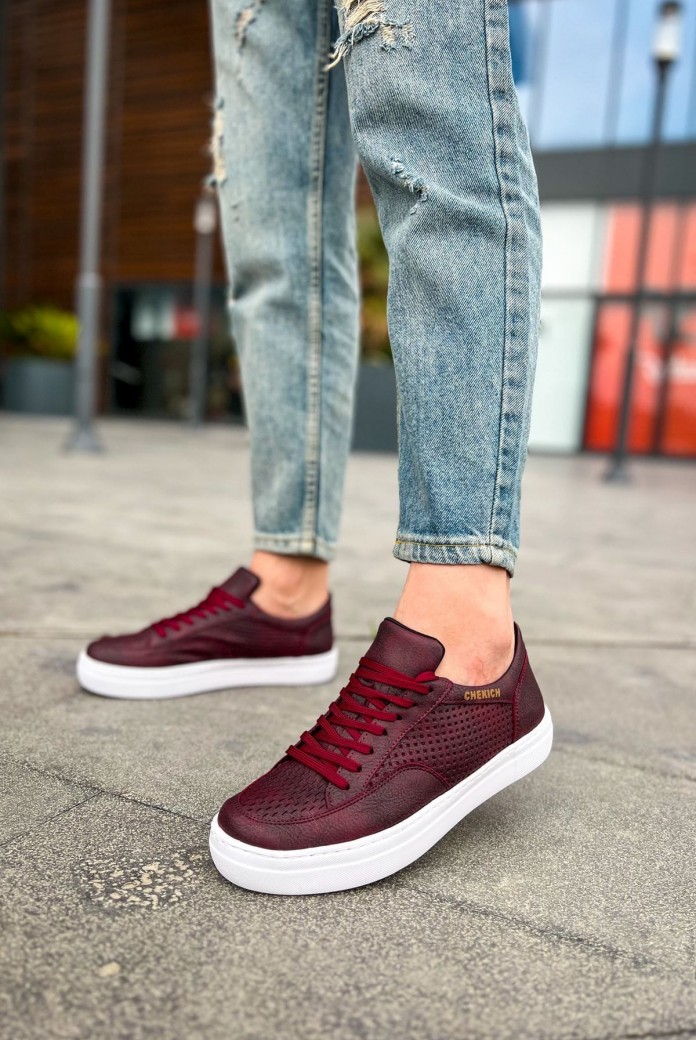 CH015 First Edition Erkek Günlük Bağcıklı Cilt Spor Sneaker Ayakkabı CBT - Bordo