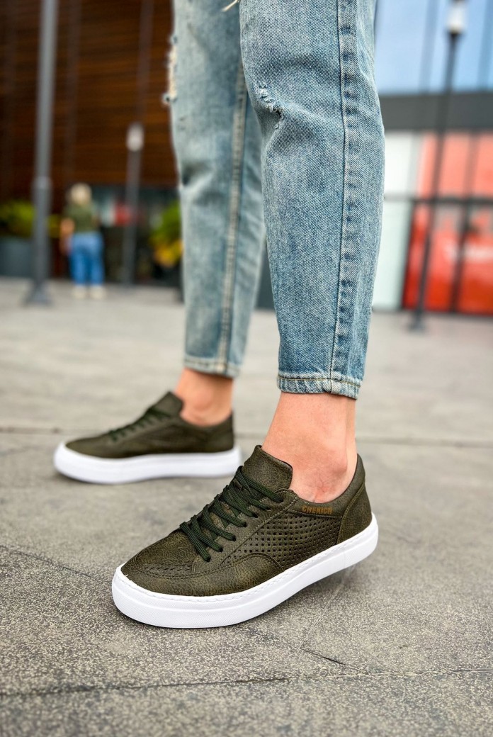 CH015 First Edition Erkek Günlük Bağcıklı Cilt Spor Sneaker Ayakkabı CBT - Haki