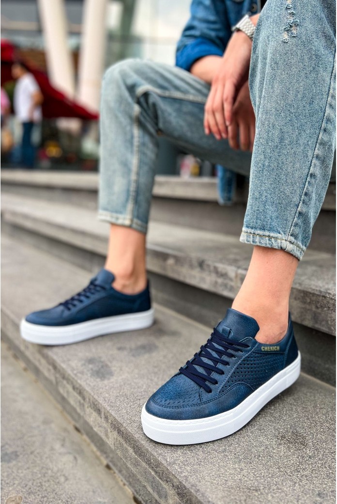 CH015 First Edition Erkek Günlük Bağcıklı Cilt Spor Sneaker Ayakkabı CBT - Lacivert