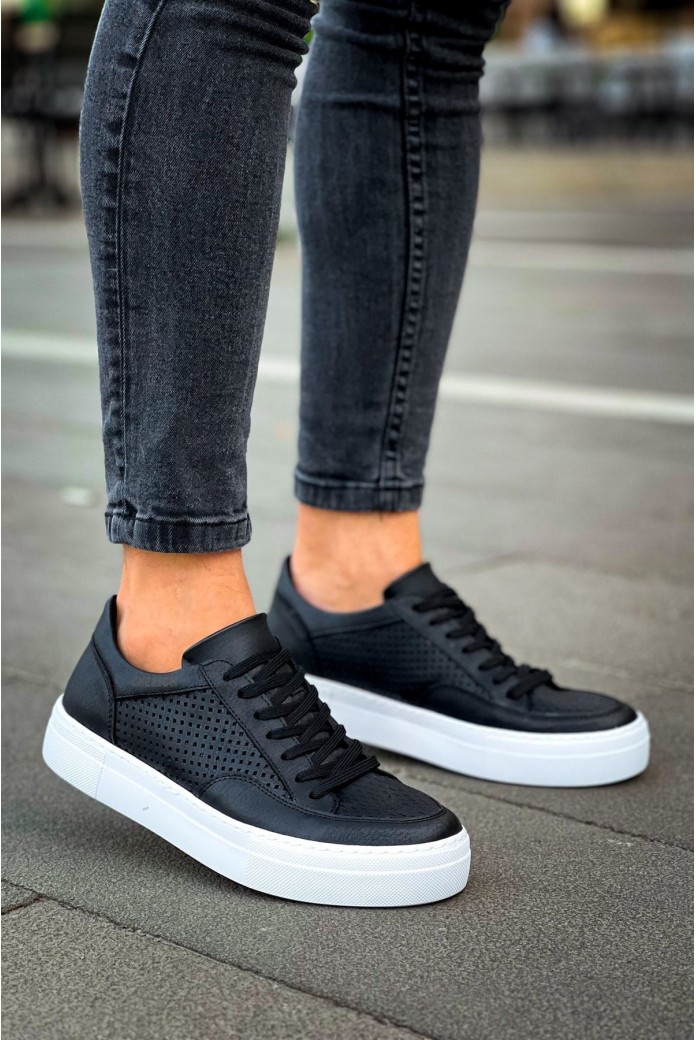 CH015 First Edition Erkek Günlük Bağcıklı Cilt Spor Sneaker Ayakkabı CBT - Siyah
