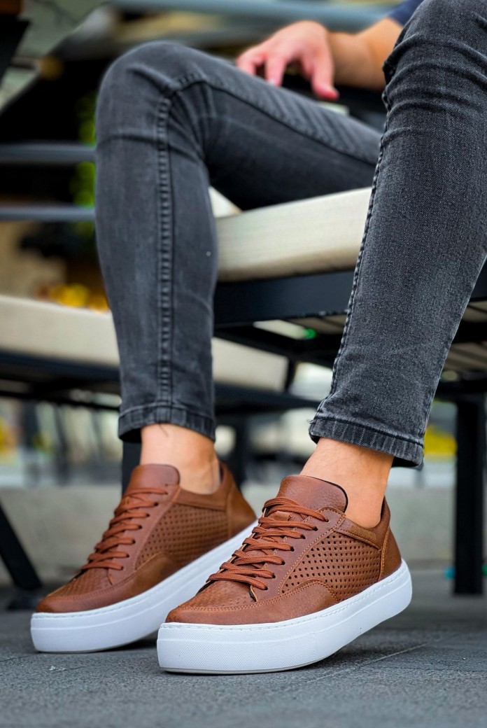 CH015 First Edition Erkek Günlük Bağcıklı Cilt Spor Sneaker Ayakkabı CBT - Taba