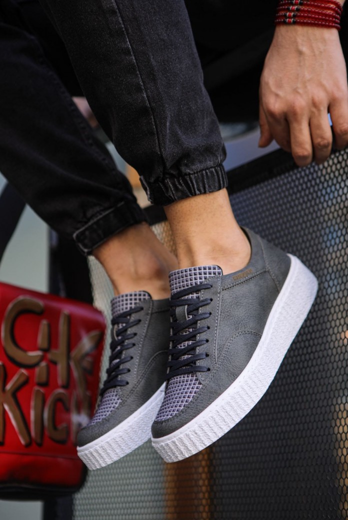 CH017 Pyramid Erkek Günlük Bağcıklı Cilt Spor Sneaker Ayakkabı CBT - Antrasit