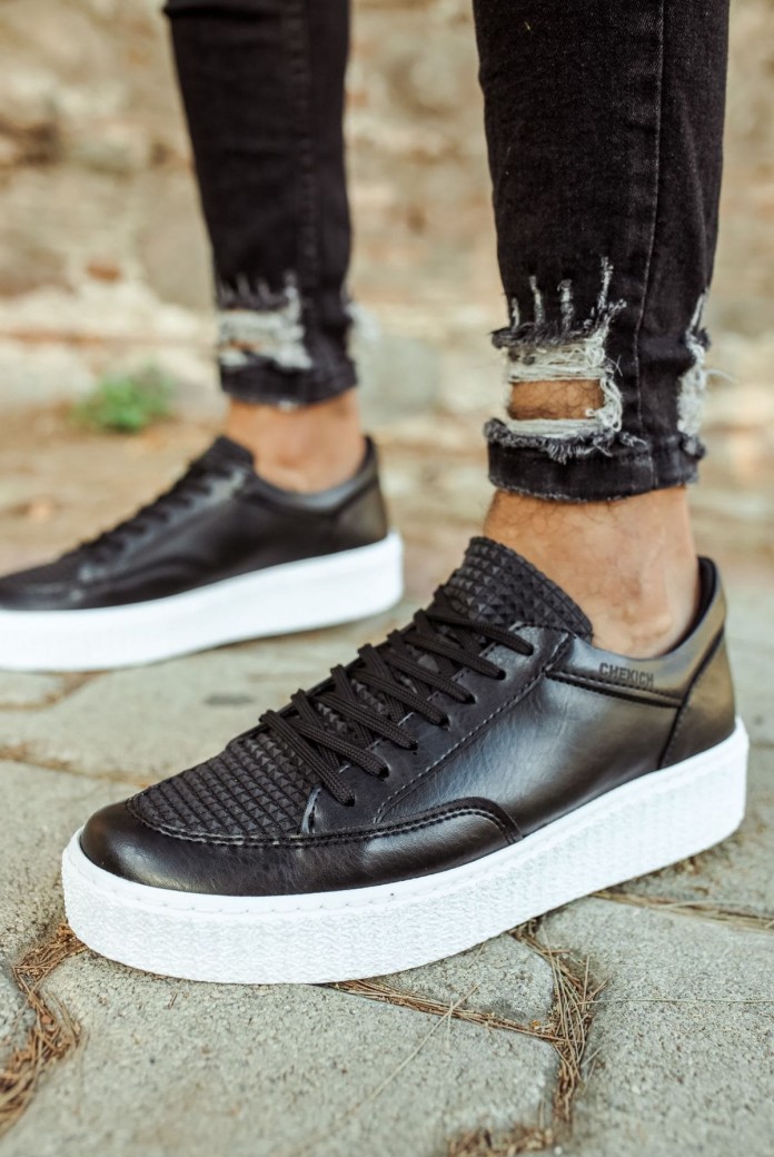CH017 Pyramid Erkek Günlük Bağcıklı Cilt Spor Sneaker Ayakkabı CBT - Siyah