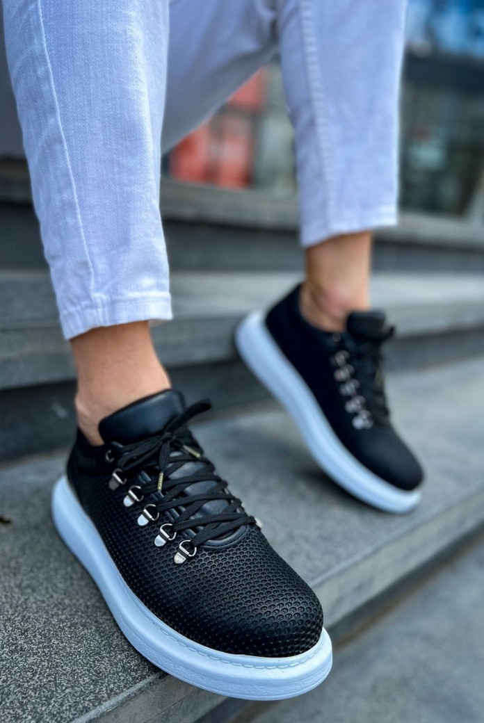 CH021 Favo Erkek Günlük Bağcıklı Cilt Spor Sneaker Ayakkabı CBT - Siyah