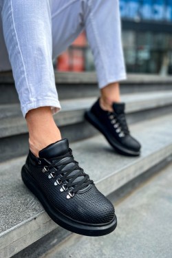CH021 Favo Erkek Günlük Bağcıklı Cilt Spor Sneaker Ayakkabı CST - Siyah