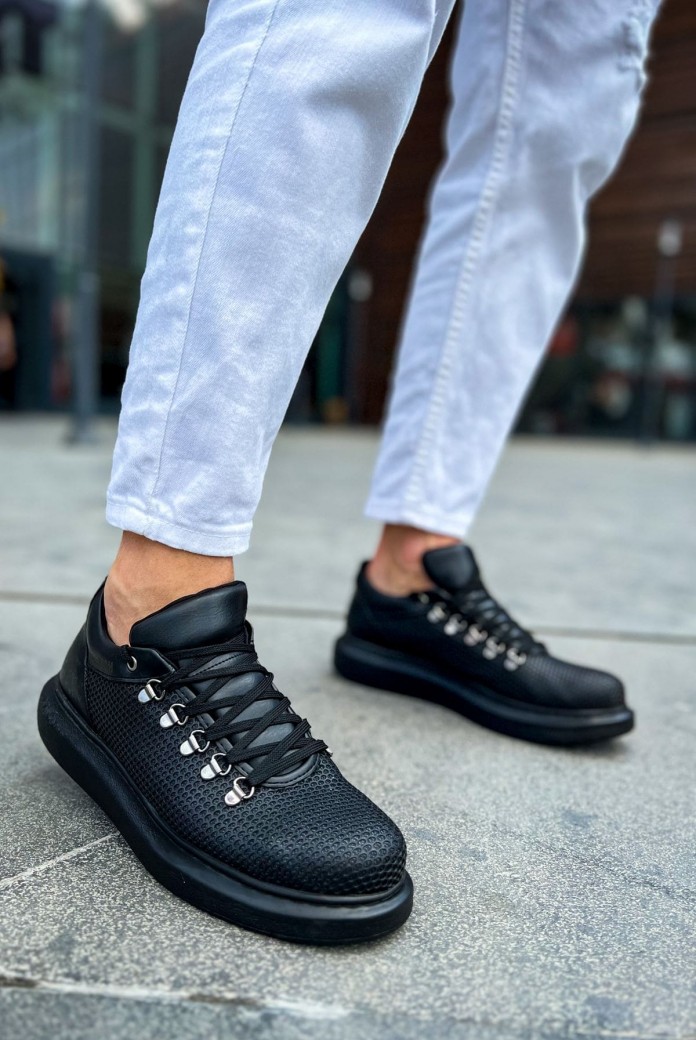 CH021 Favo Erkek Günlük Bağcıklı Cilt Spor Sneaker Ayakkabı CST - Siyah