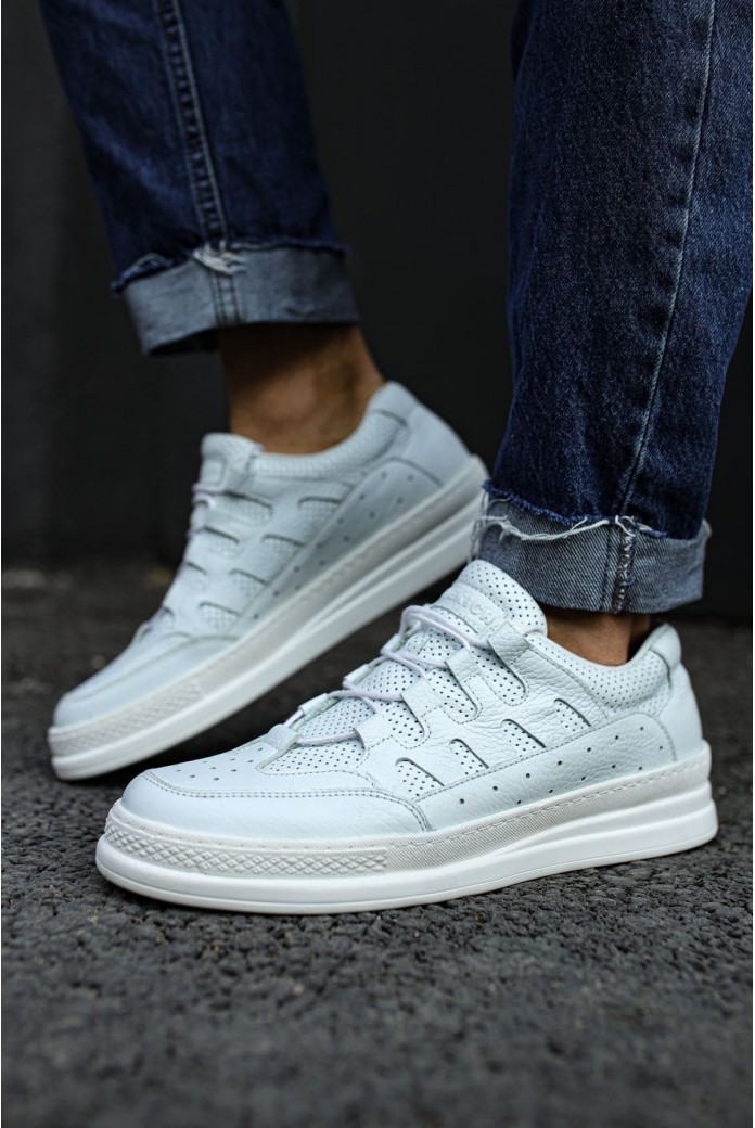 CH040 C-Rey Erkek Günlük Bağcıklı Hakiki Deri Spor Sneaker Ayakkabı DBT - Beyaz