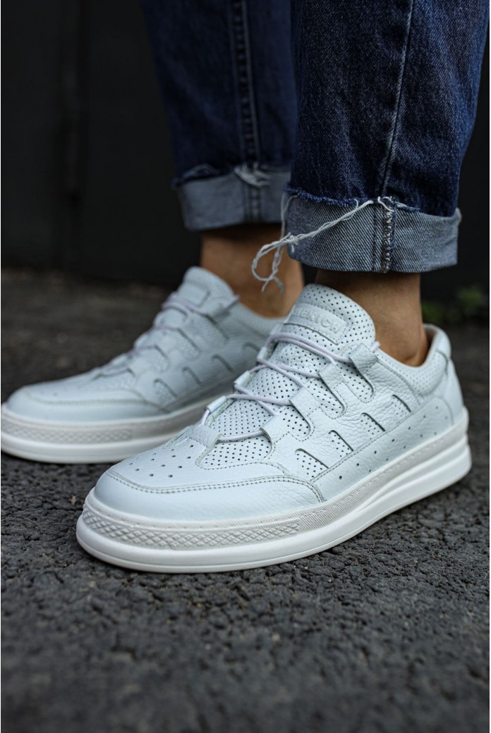 CH040 C-Rey Erkek Günlük Bağcıklı Hakiki Deri Spor Sneaker Ayakkabı DBT - Beyaz