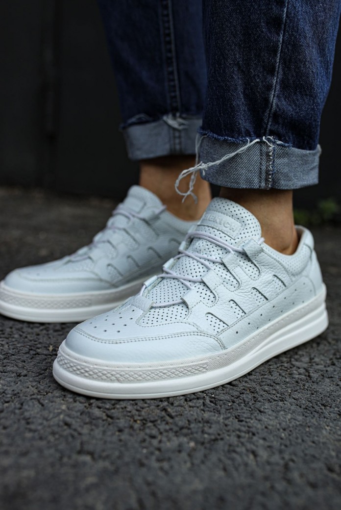 CH040 C-Rey Erkek Günlük Bağcıklı Hakiki Deri Spor Sneaker Ayakkabı DBT - Beyaz