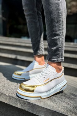 CH041 Renaissance Erkek Günlük Bağcıklı Cilt Spor Sneaker Ayakkabı CBT - Beyaz/Gold