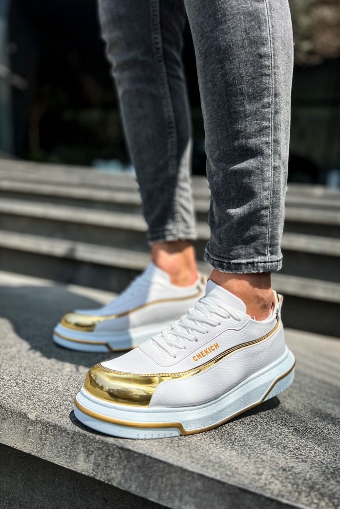 CH041 Renaissance Erkek Günlük Bağcıklı Cilt Spor Sneaker Ayakkabı CBT - Beyaz/Gold