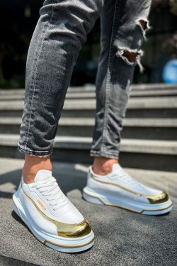 CH041 Renaissance Erkek Günlük Bağcıklı Cilt Spor Sneaker Ayakkabı CBT - Beyaz/Gold