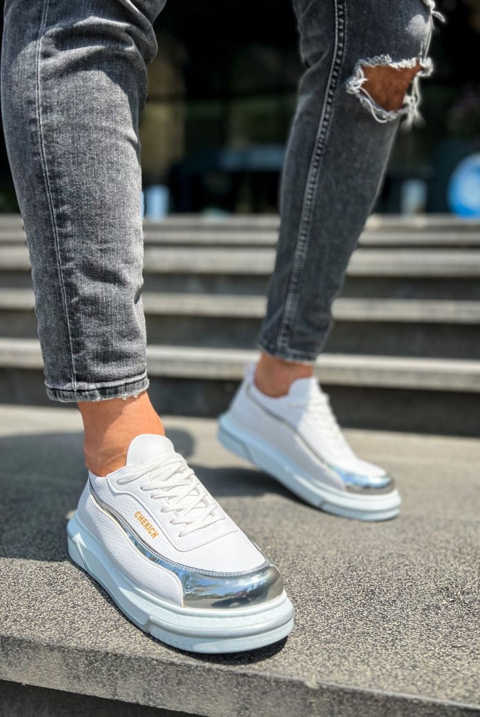 CH041 Renaissance Erkek Günlük Bağcıklı Cilt Spor Sneaker Ayakkabı CBT - Beyaz/Silver