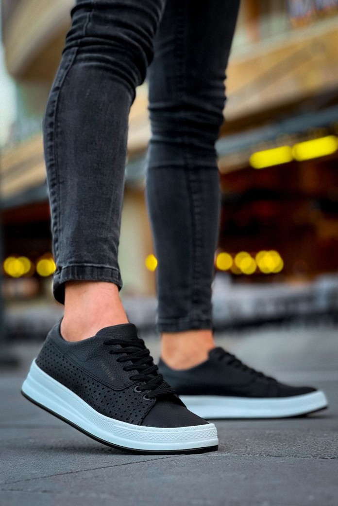 CH043 Cowien Erkek Günlük Bağcıklı Cilt Spor Sneaker Ayakkabı CBT - Siyah