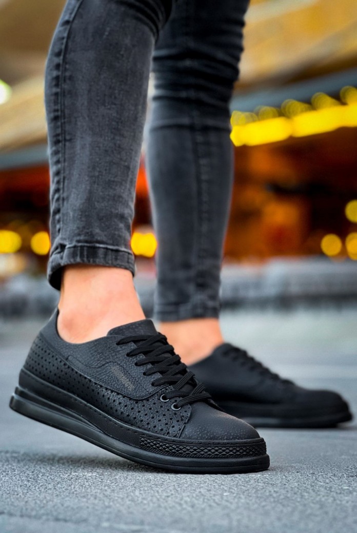 CH043 Cowien Erkek Günlük Bağcıklı Cilt Spor Sneaker Ayakkabı CST - Siyah