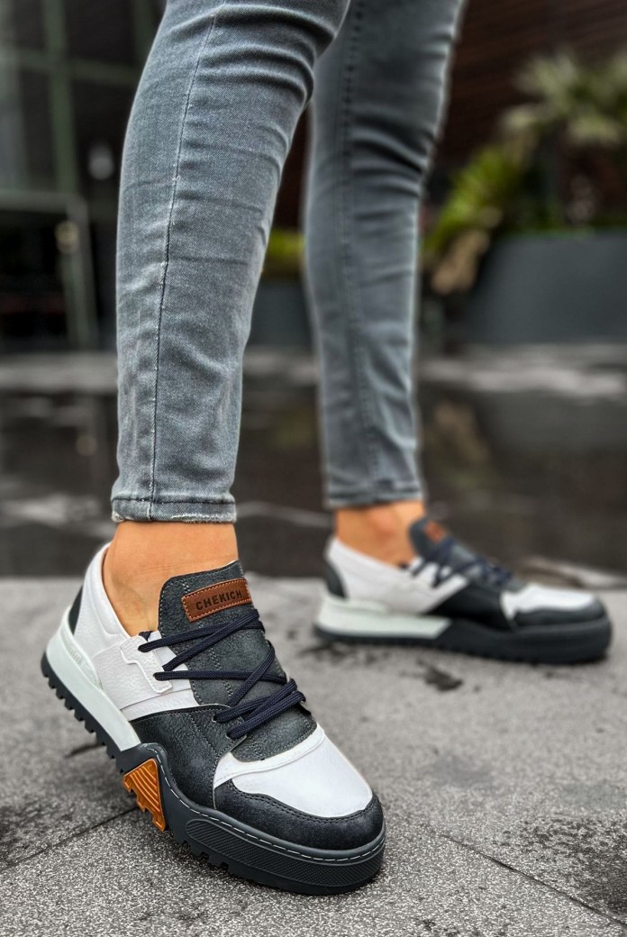 CH067 Warrem Erkek Günlük Bağcıklı Cilt Spor Sneaker Ayakkabı CABT - Antrasit/Beyaz