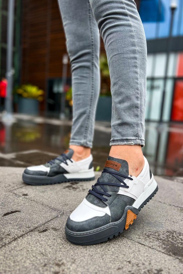 CH067 Warrem Erkek Günlük Bağcıklı Cilt Spor Sneaker Ayakkabı CABT - Antrasit/Beyaz