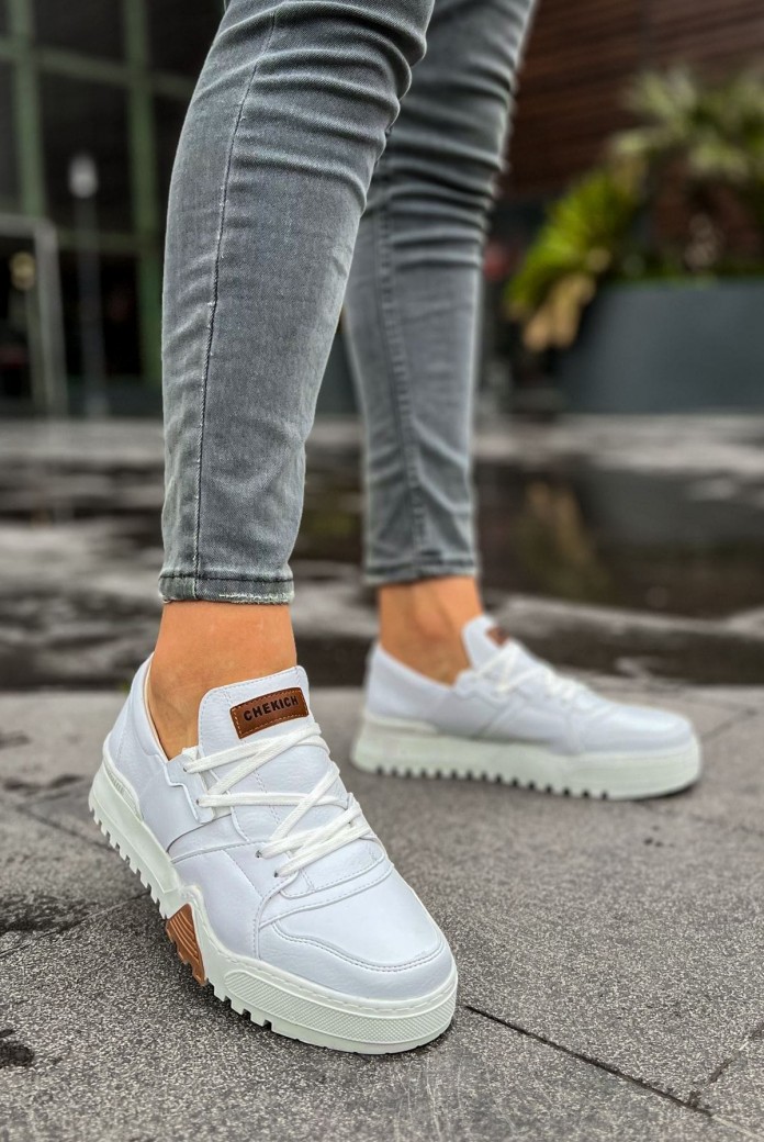 CH067 Warrem Erkek Günlük Bağcıklı Cilt Spor Sneaker Ayakkabı CBT - Beyaz