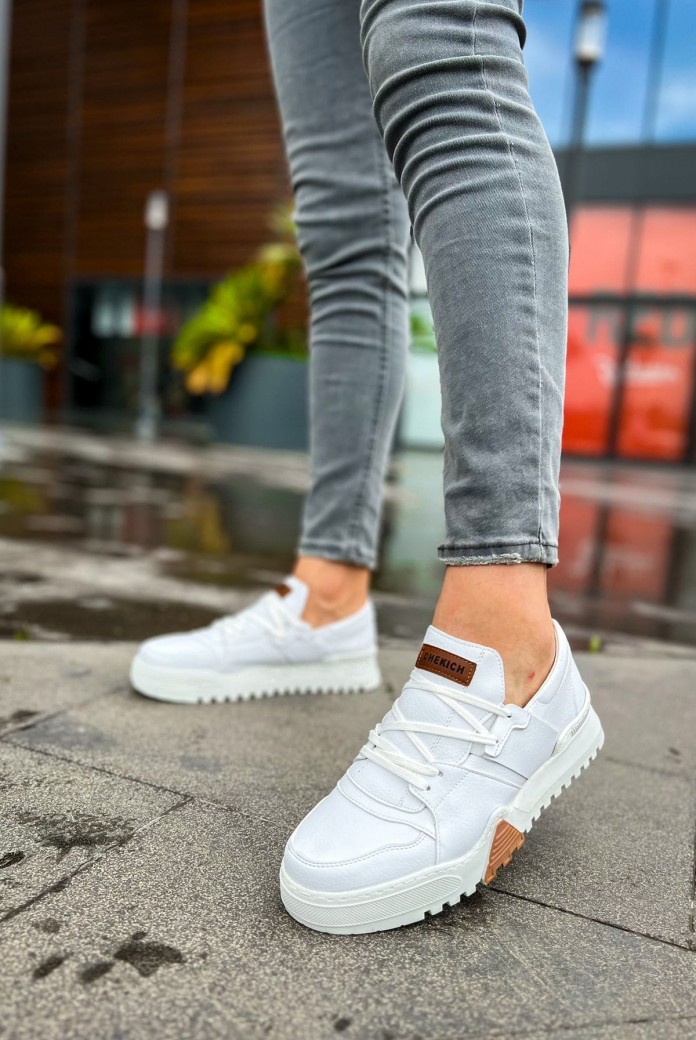CH067 Warrem Erkek Günlük Bağcıklı Cilt Spor Sneaker Ayakkabı CBT - Beyaz