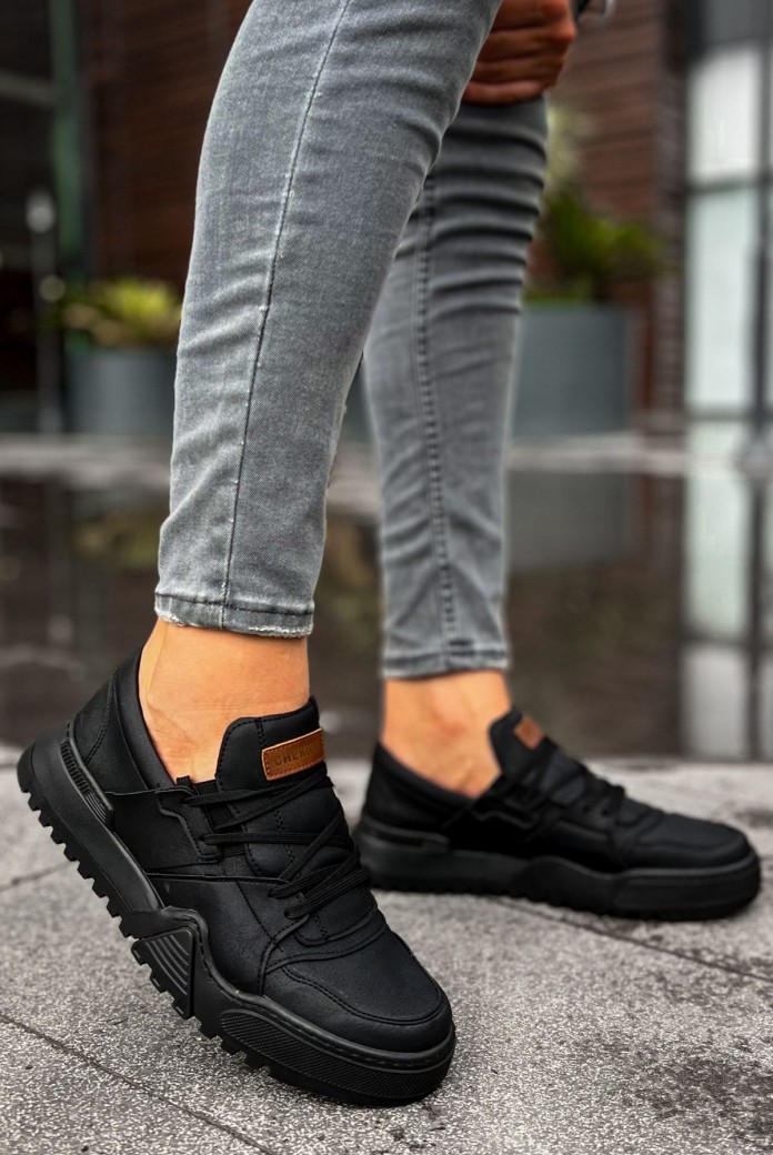 CH067 Warrem Erkek Günlük Bağcıklı Cilt Spor Sneaker Ayakkabı CST - Siyah