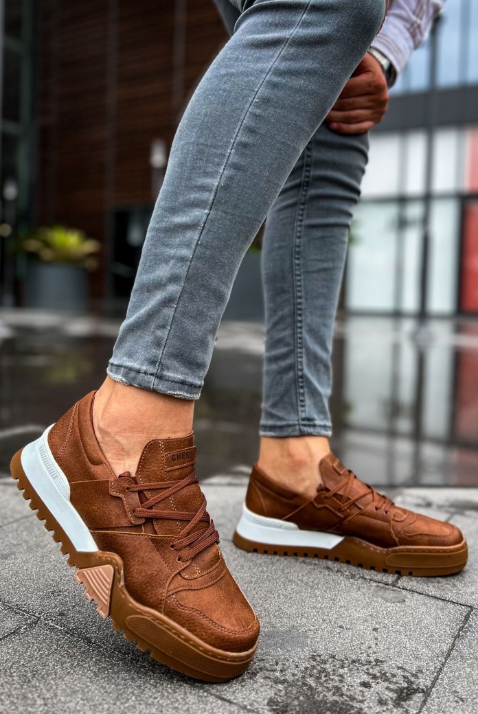 CH067 Warrem Erkek Günlük Bağcıklı Cilt Spor Sneaker Ayakkabı CTBT - Taba