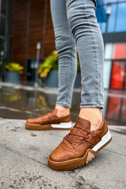 CH067 Warrem Erkek Günlük Bağcıklı Cilt Spor Sneaker Ayakkabı CTBT - Taba
