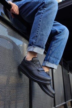 CH073 Flatline Erkek Günlük Bağcıklı Cilt Spor Sneaker Ayakkabı CST - Siyah