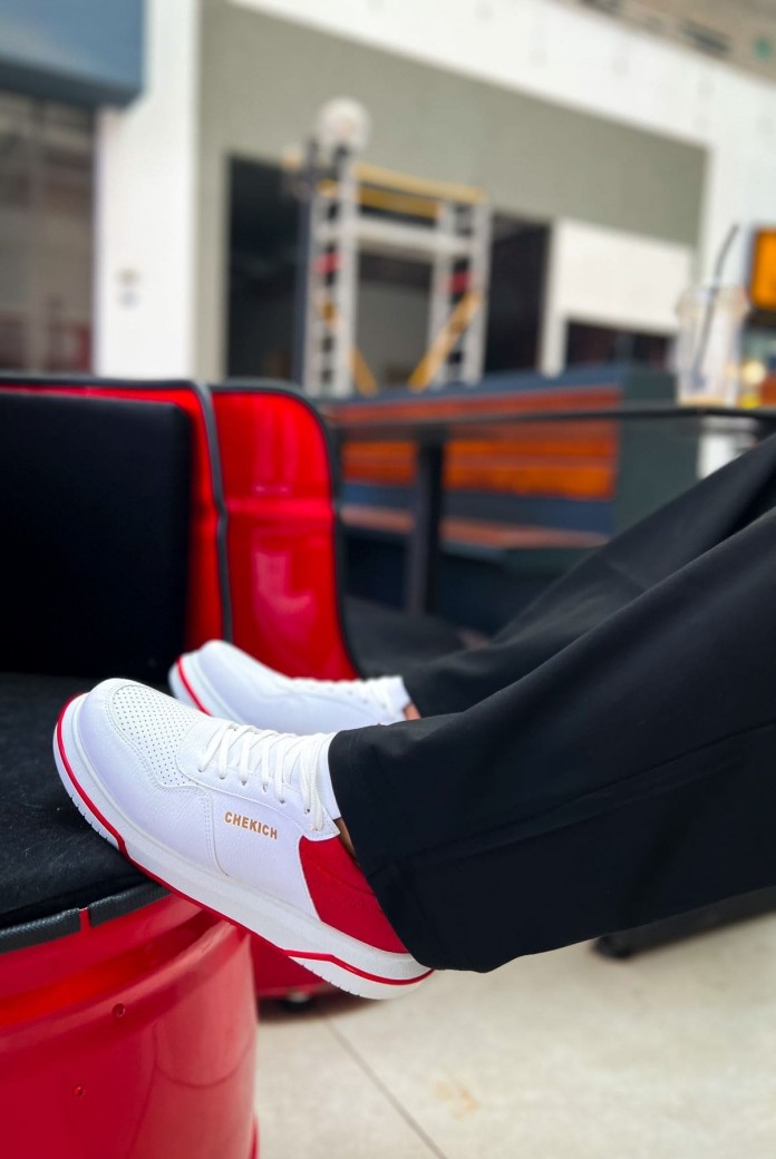 CH075 Signature Erkek Günlük Bağcıklı Cilt Spor Sneaker Ayakkabı CBKT - Beyaz/Kırmızı