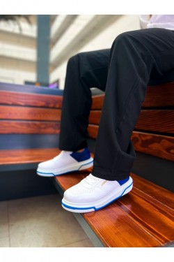 CH075 Signature Erkek Günlük Bağcıklı Cilt Spor Sneaker Ayakkabı CBMT - Beyaz/Mavi